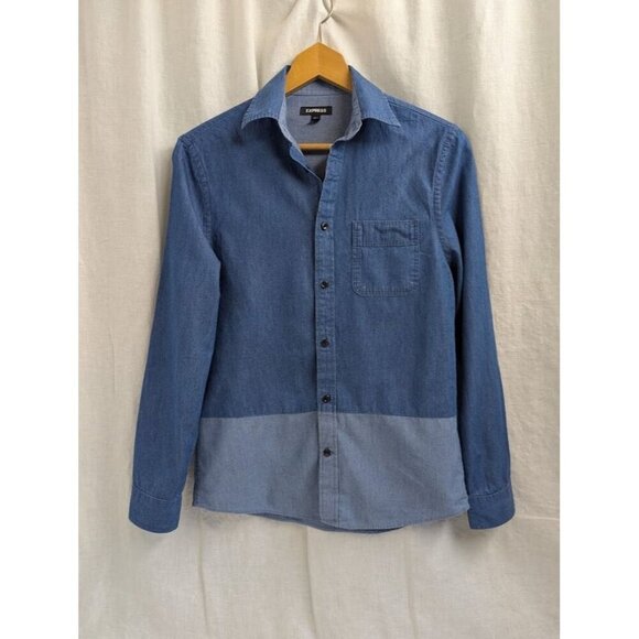 Express womens XS two tone cotton denim long sleeve button up, blue, fun E7 - Picture 1 of 9